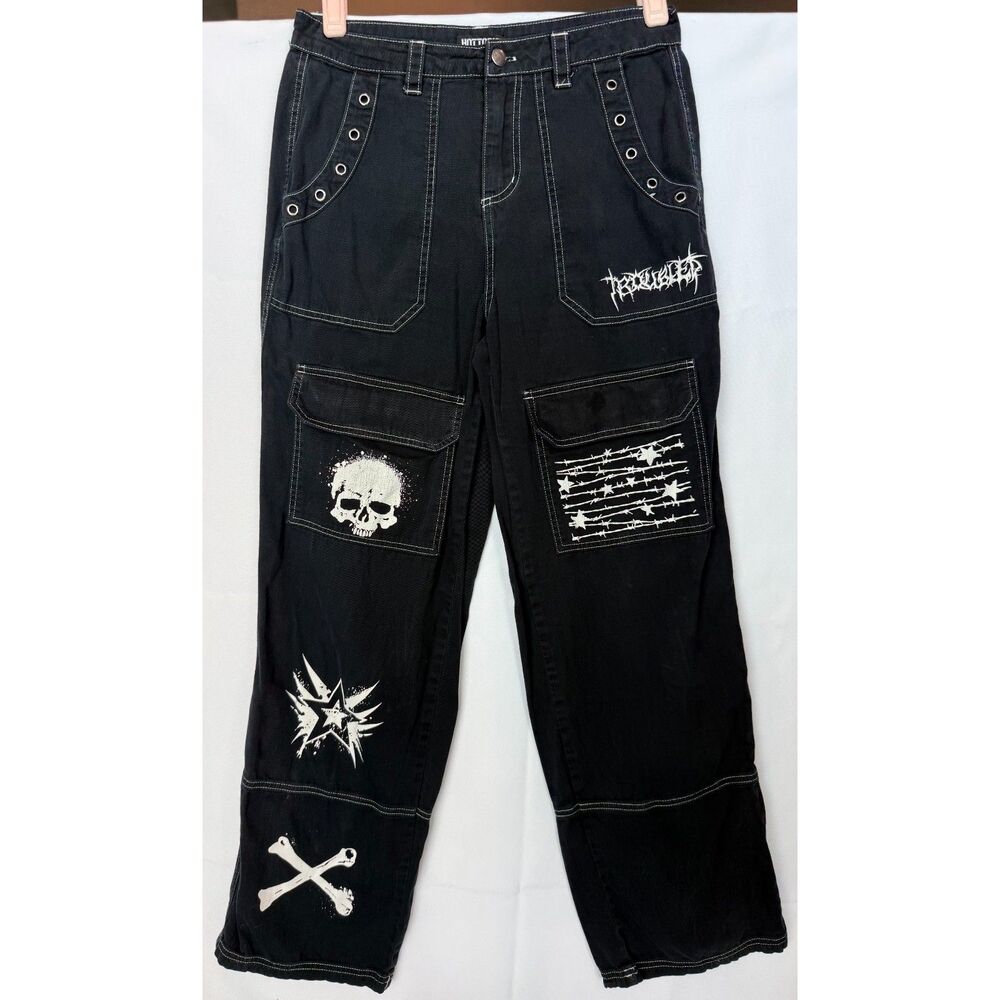 Hot Topic Y2K Alt Goth Black Contrast Stitch Graphic Cargo Pants Unisex 31x28